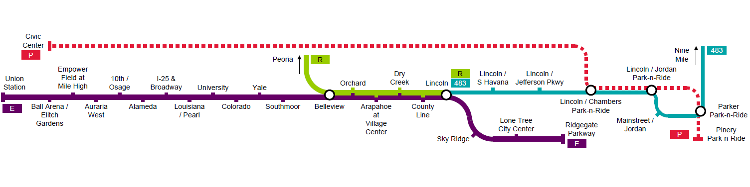 E Line and Bus Route 483 map.