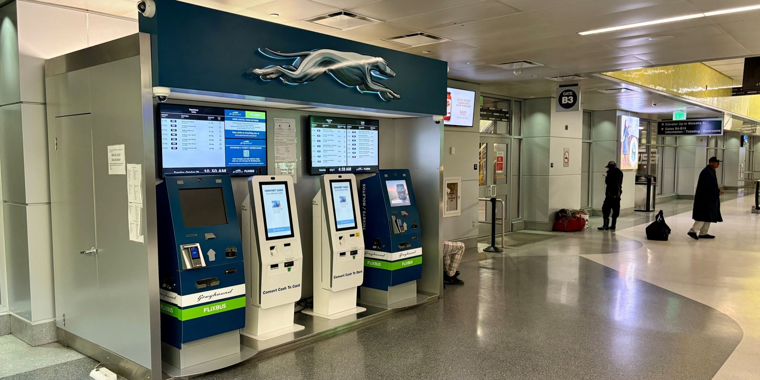 Greyhound kiosk and gate at Denver Union Station.