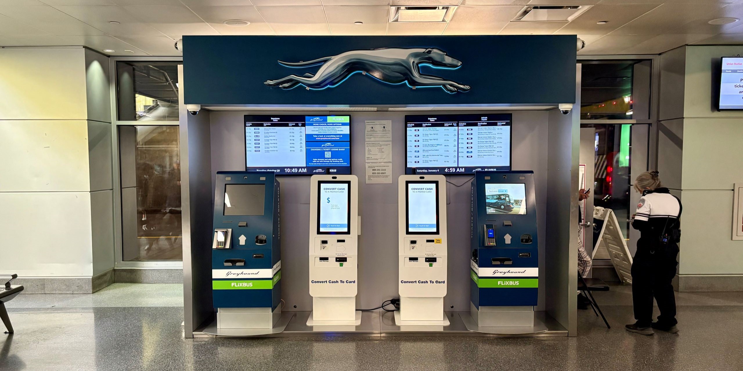 Greyhound kiosk at Denver Union Station.